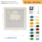 Ghost Frosting Cupcake punch needle kit, 20 × 20 in (50 × 50 cm): canvas size and kit contents