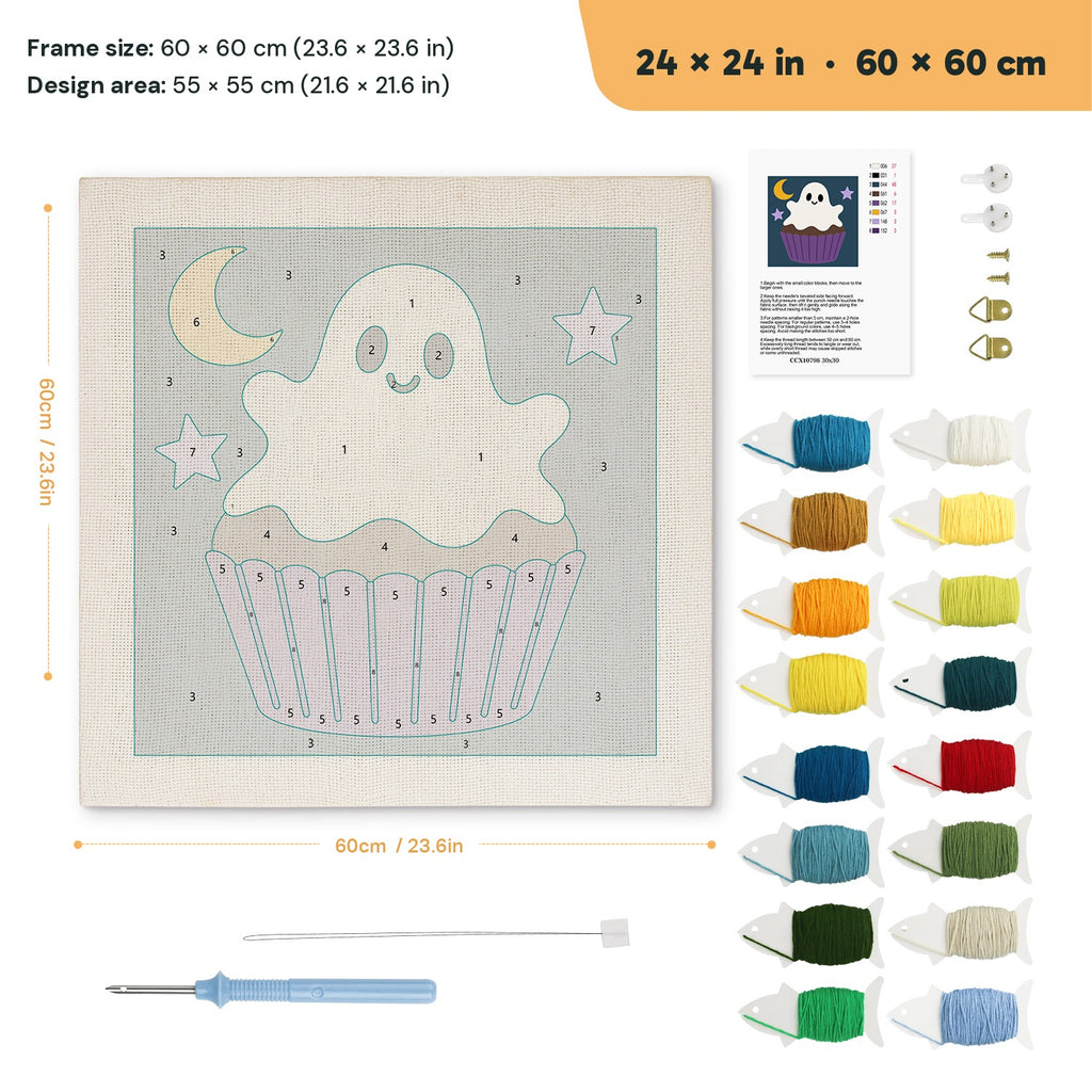 Ghost Frosting Cupcake punch needle kit, 24 × 24 in (60 × 60 cm): canvas size and kit contents