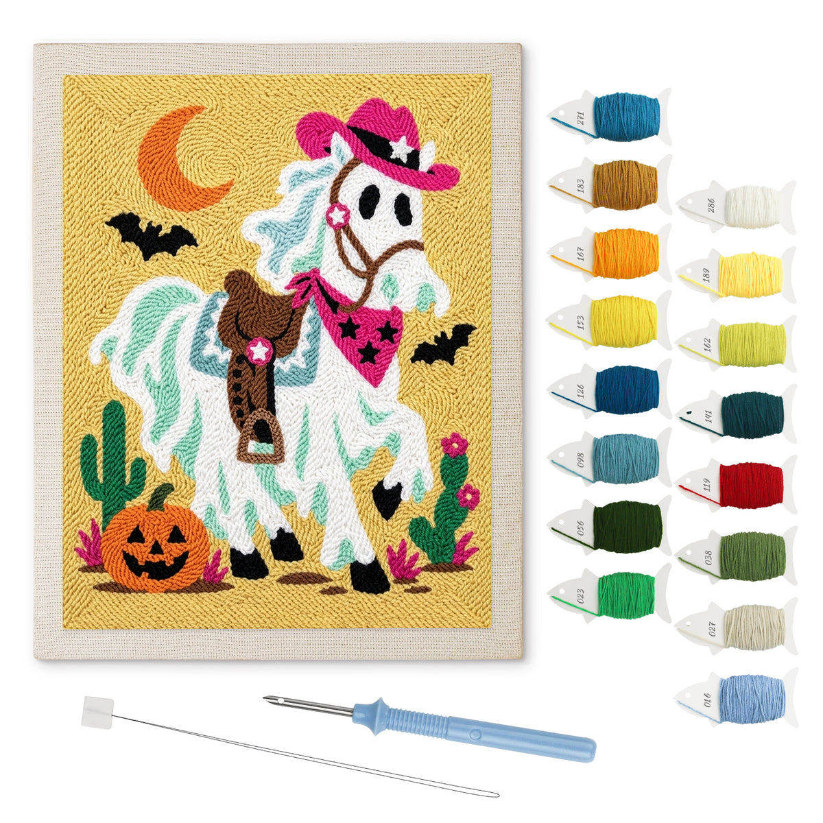 Ghost Horse Cowgirl punch needle kit: finished canvas with threads, punch needle and threader