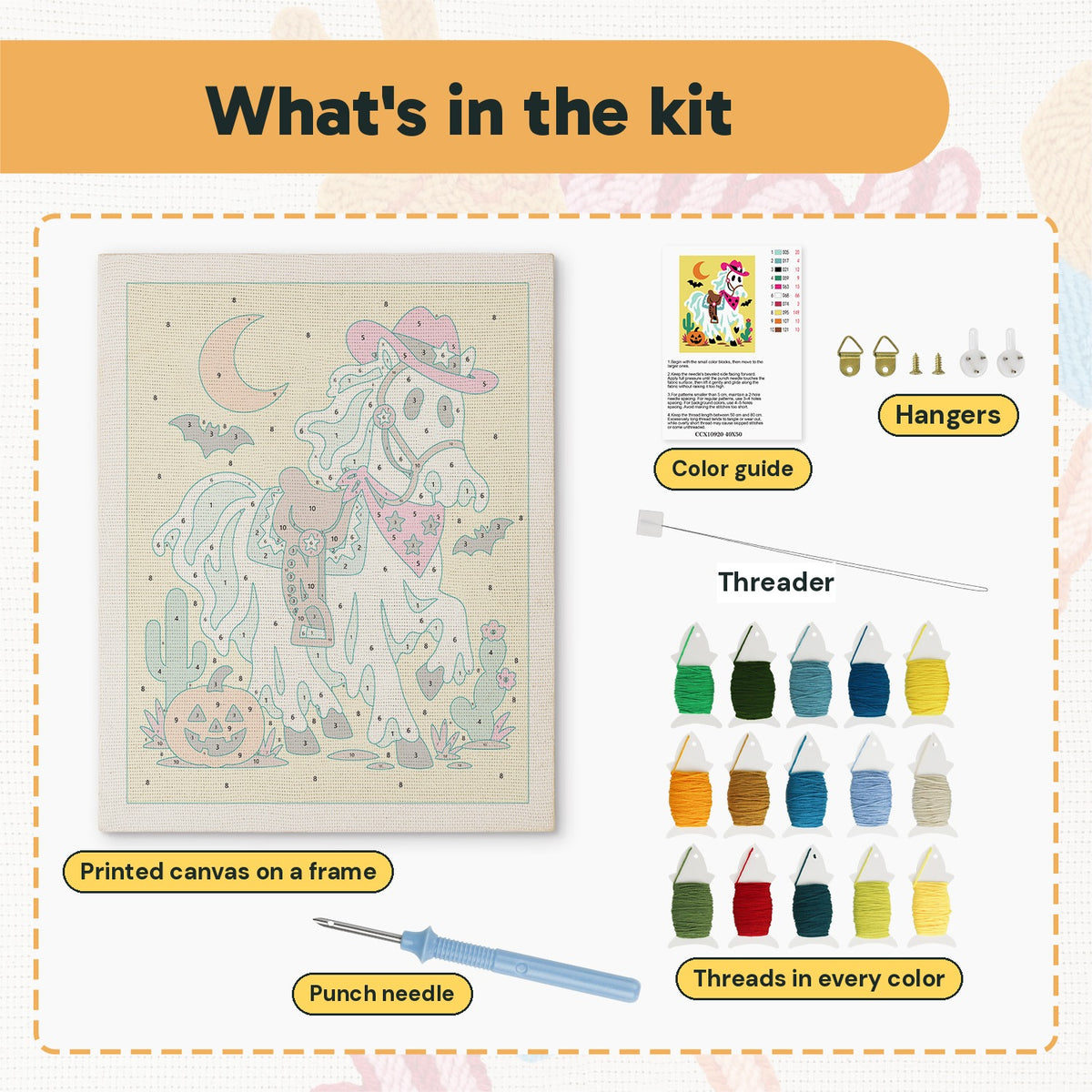 What is in the Ghost Horse Cowgirl kit: printed canvas, punch needle, threader, threads, color guide and hangers