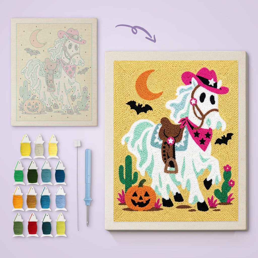 Ghost Horse Cowgirl canvas before and after punching, with the threads and tools