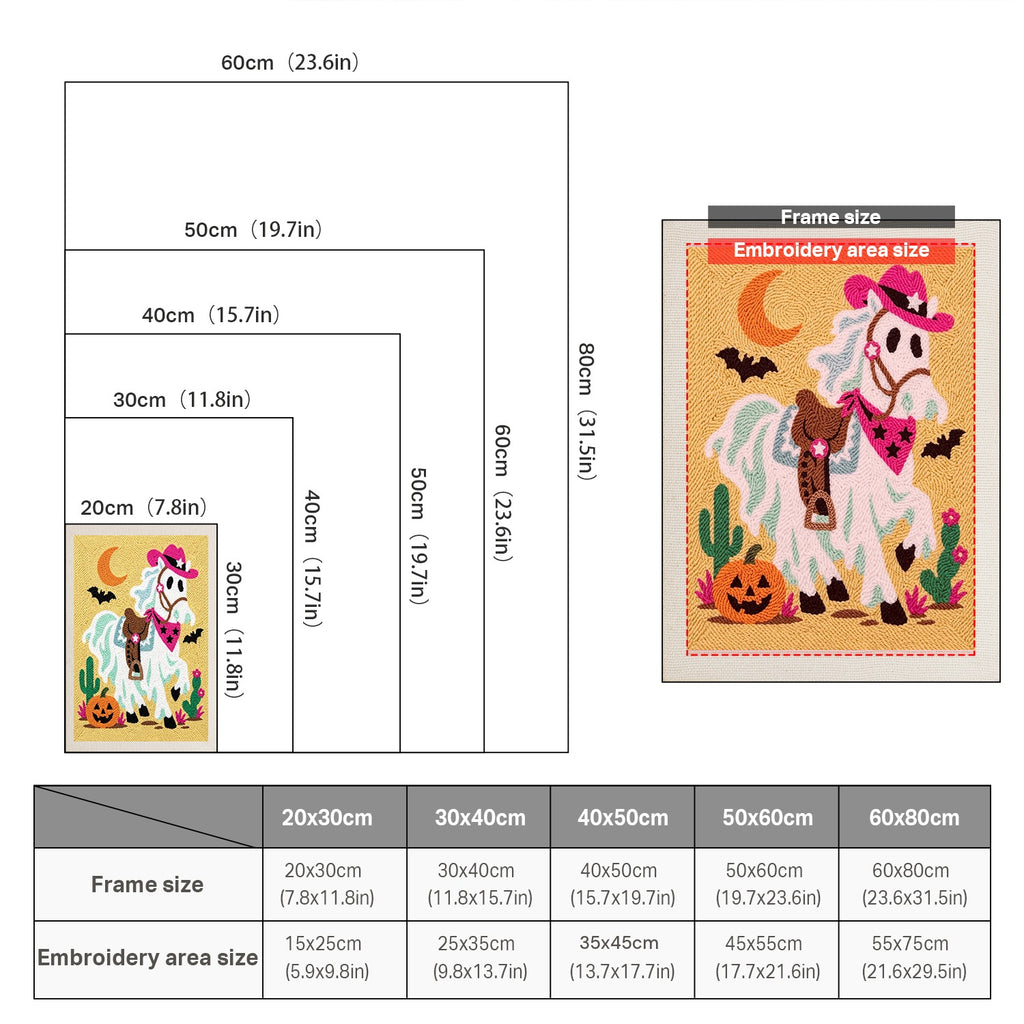 Size chart for punch needle kits from 20 x 30 cm to 60 x 80 cm