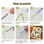 Six steps showing how to thread and use the punch needle