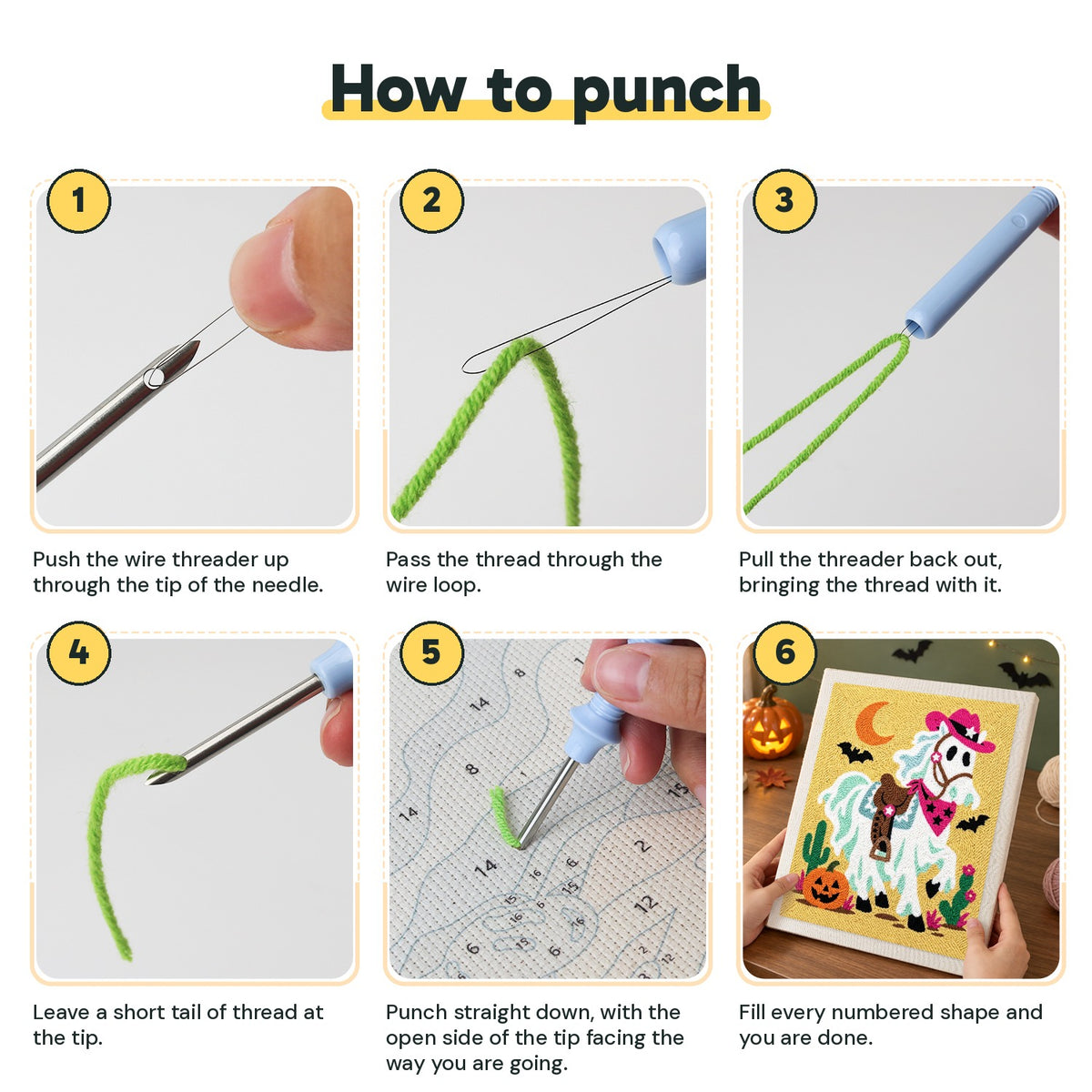 Six steps showing how to thread and use the punch needle