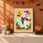 Finished Ghost Horse Cowgirl punch needle canvas on a wall