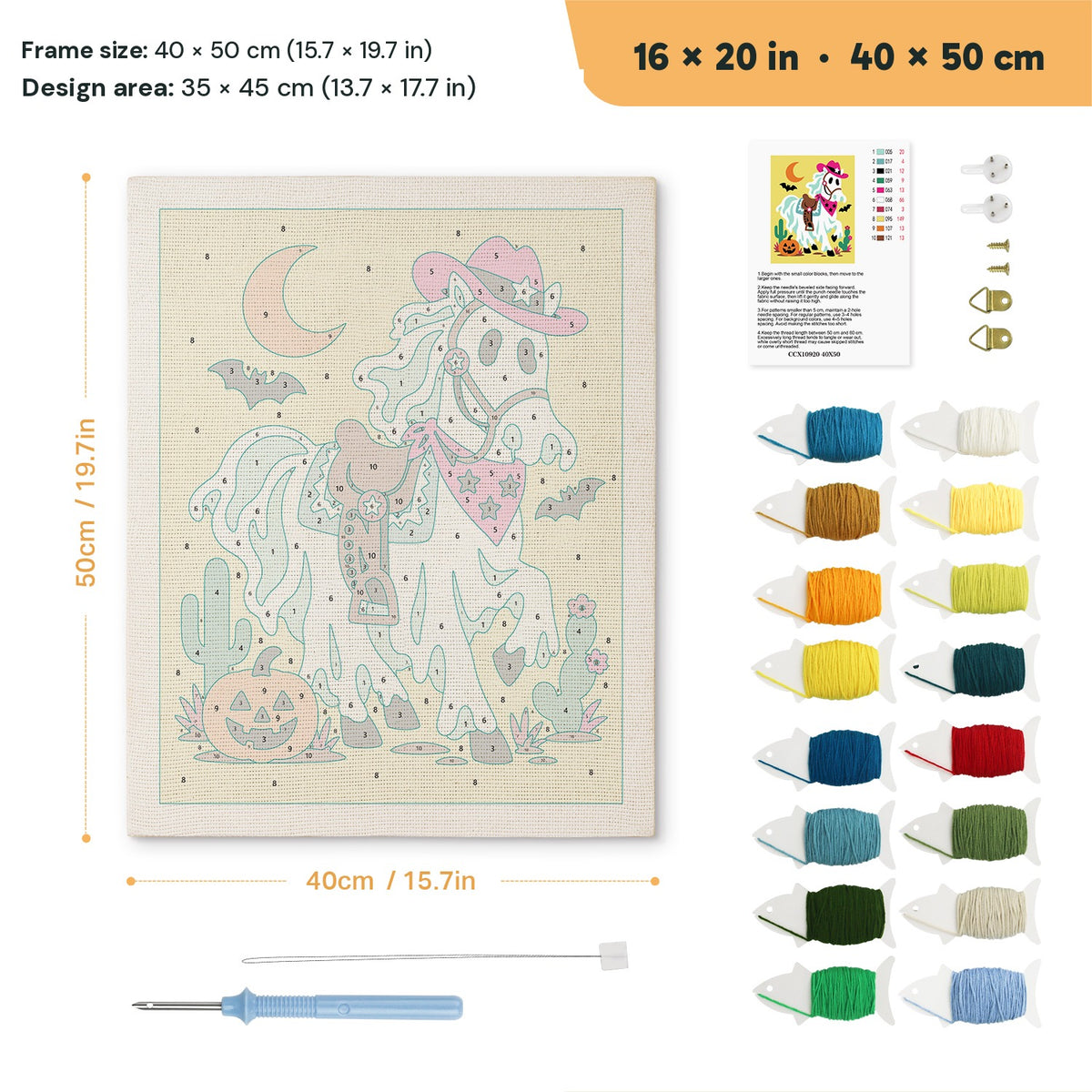 Ghost Horse Cowgirl punch needle kit, 16 × 20 in (40 × 50 cm): canvas size and kit contents