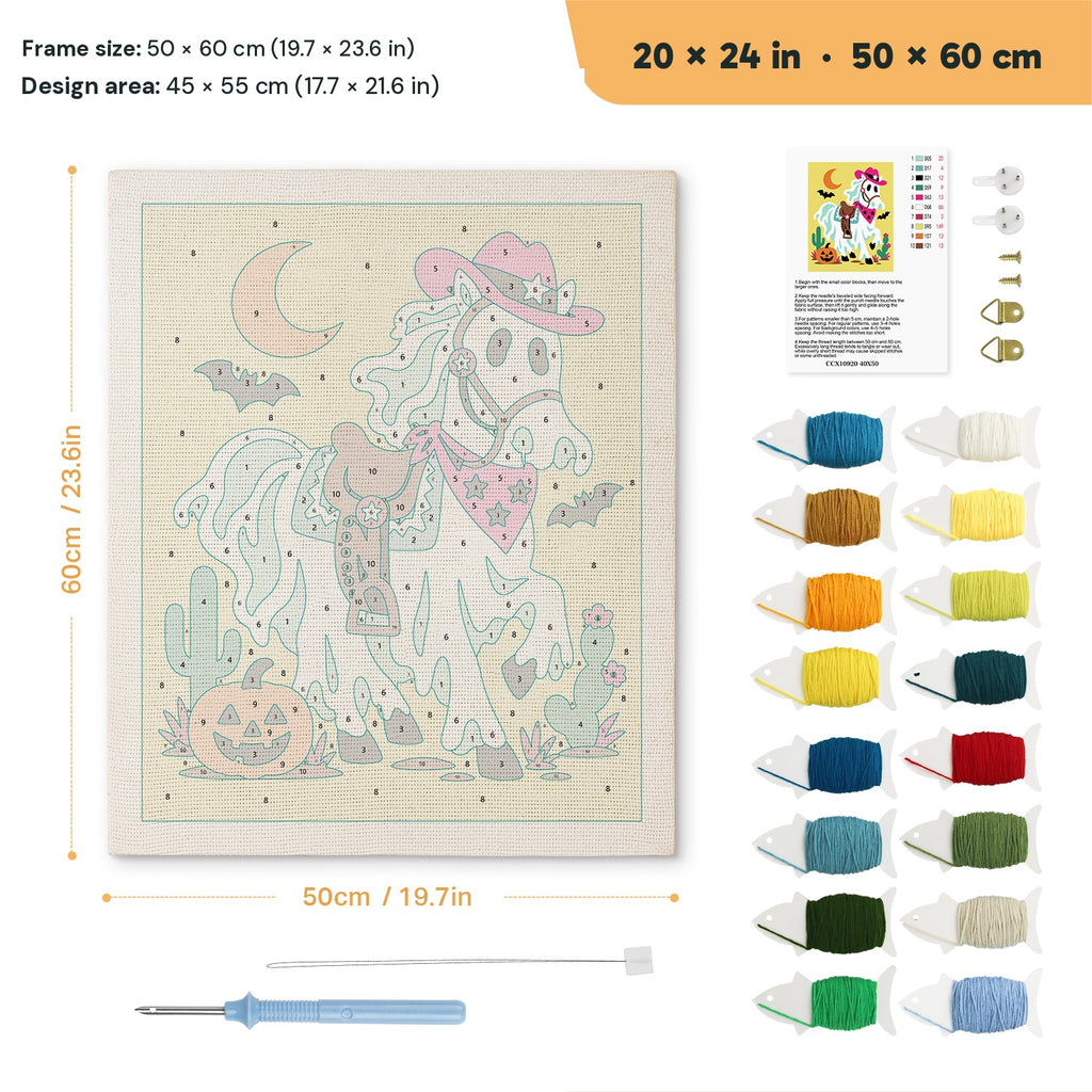 Ghost Horse Cowgirl punch needle kit, 20 × 24 in (50 × 60 cm): canvas size and kit contents