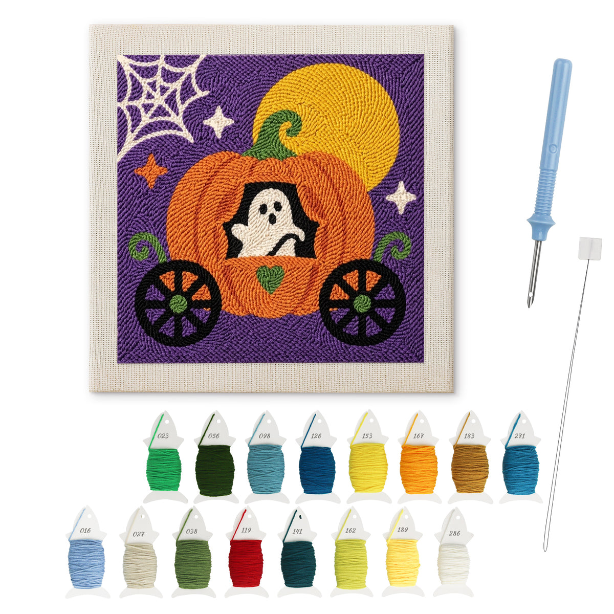 Ghost in a Pumpkin Coach punch needle kit: finished canvas with threads, punch needle and threader