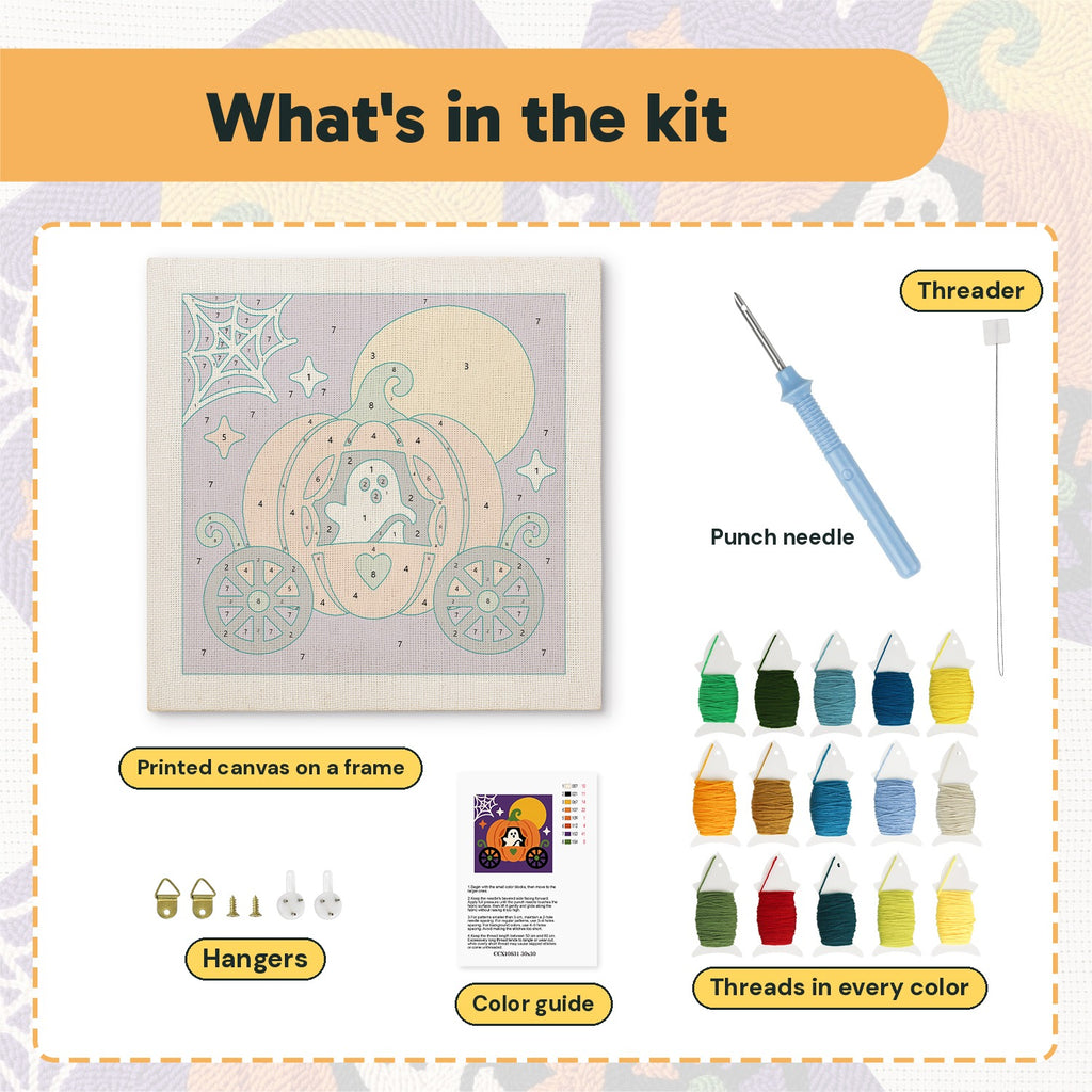 What is in the Ghost in a Pumpkin Coach kit: printed canvas, punch needle, threader, threads, color guide and hangers
