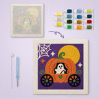 Ghost in a Pumpkin Coach canvas before and after punching, with the threads and tools