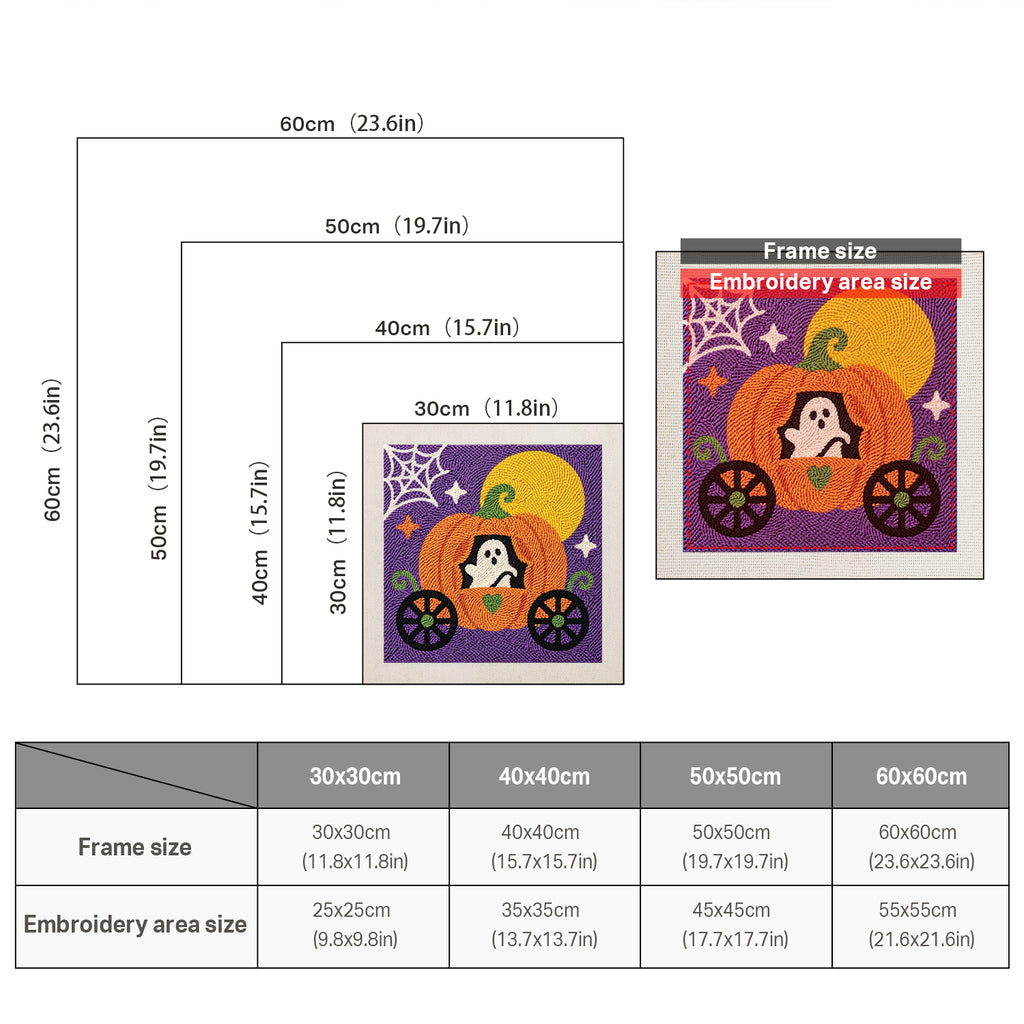 Size chart for square punch needle kits from 30 x 30 cm to 60 x 60 cm
