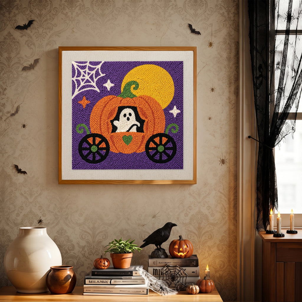 Finished Ghost in a Pumpkin Coach punch needle canvas on a wall