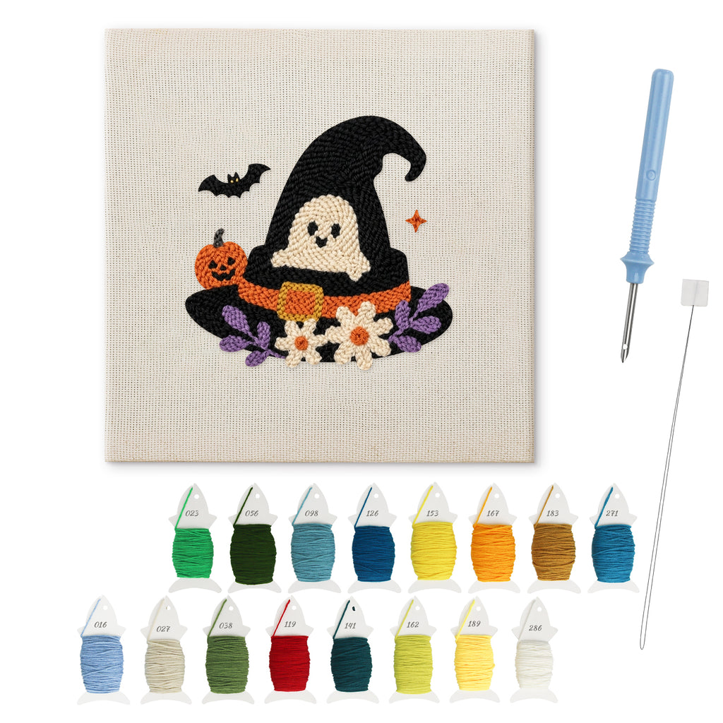 Ghost in the Hat punch needle kit: finished canvas with threads, punch needle and threader