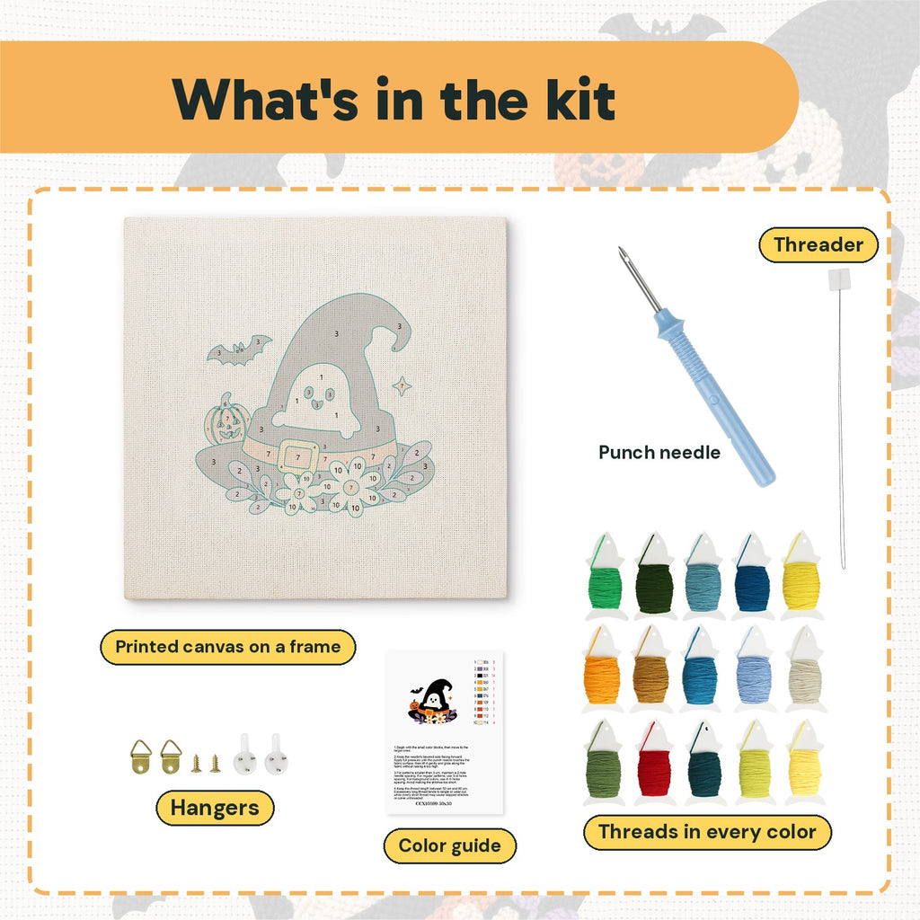 What is in the Ghost in the Hat kit: printed canvas, punch needle, threader, threads, color guide and hangers