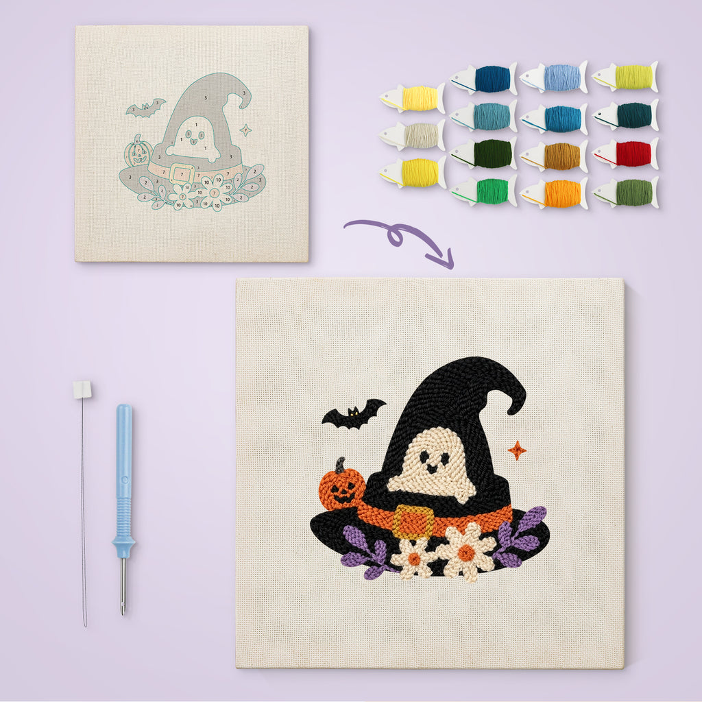 Ghost in the Hat canvas before and after punching, with the threads and tools