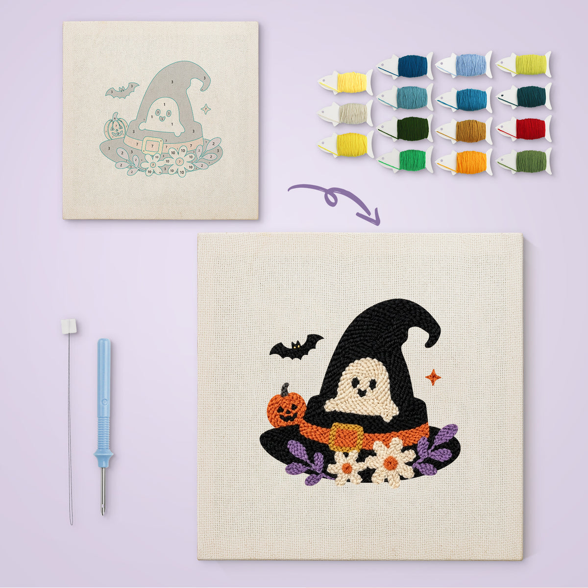 Ghost in the Hat canvas before and after punching, with the threads and tools