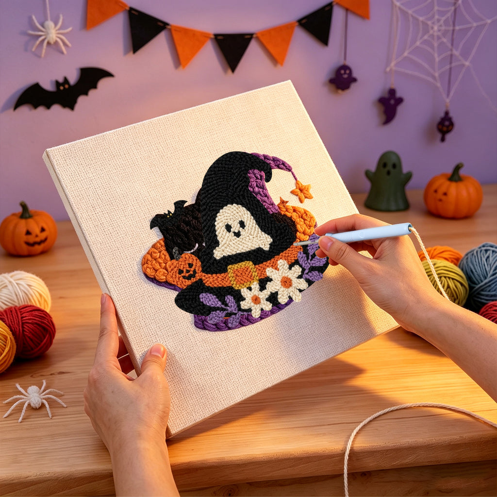 Punching the Ghost in the Hat design with the punch needle