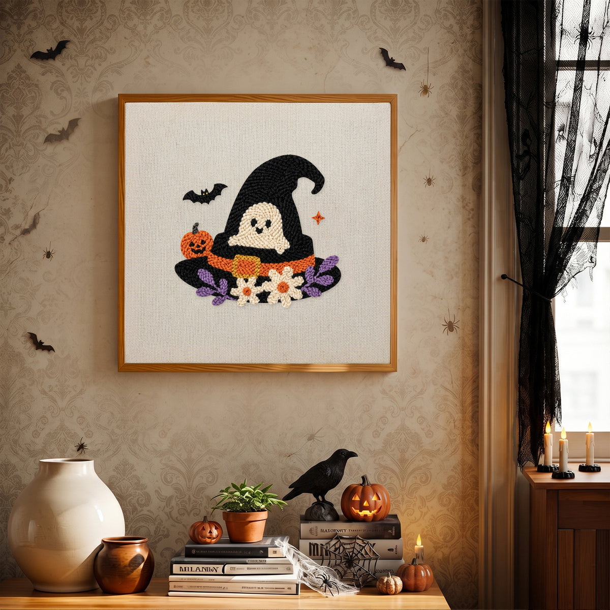 Finished Ghost in the Hat punch needle canvas on a wall