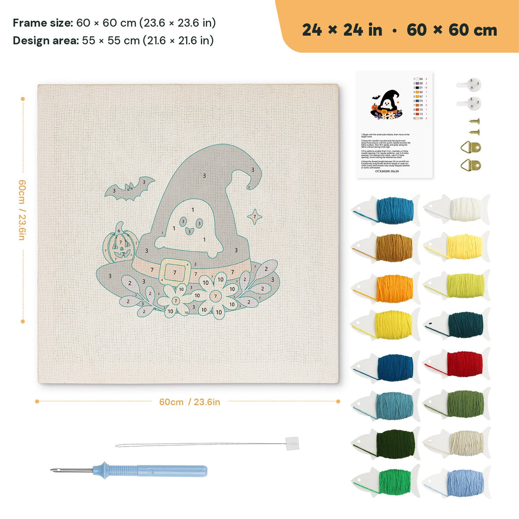 Ghost in the Hat punch needle kit, 24 × 24 in (60 × 60 cm): canvas size and kit contents