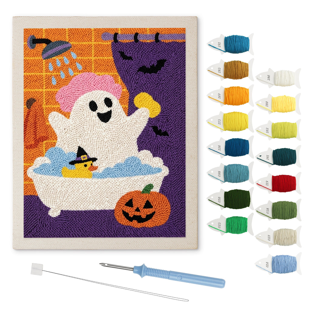 Ghost in the Shower punch needle kit: finished canvas with threads, punch needle and threader