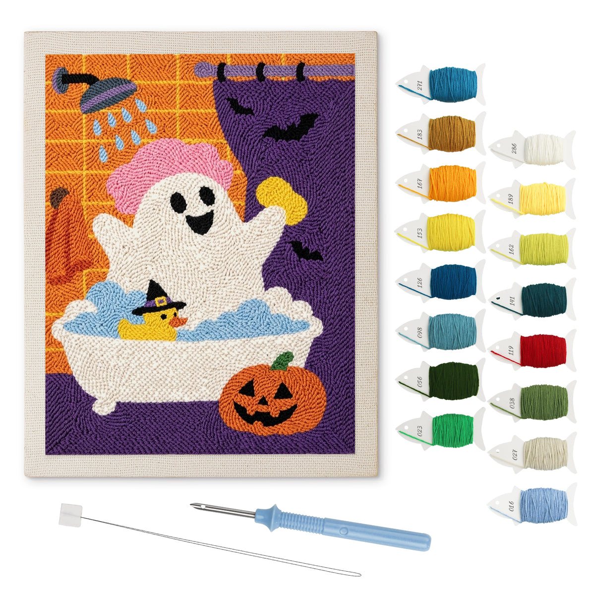 Ghost in the Shower punch needle kit: finished canvas with threads, punch needle and threader