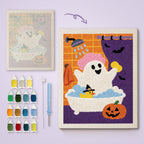 Ghost in the Shower canvas before and after punching, with the threads and tools