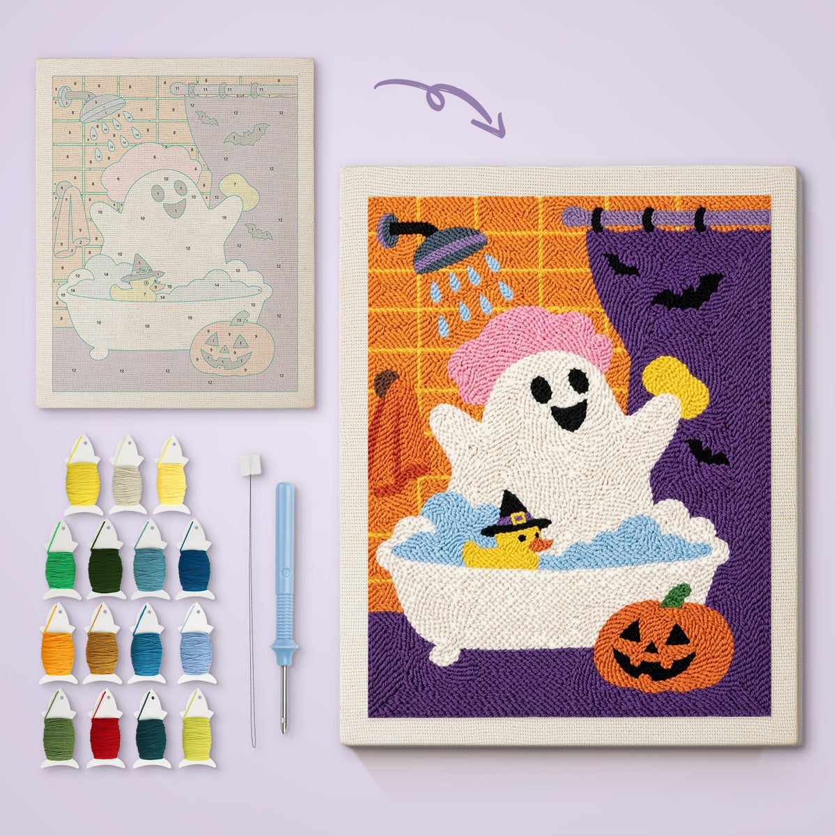 Ghost in the Shower canvas before and after punching, with the threads and tools