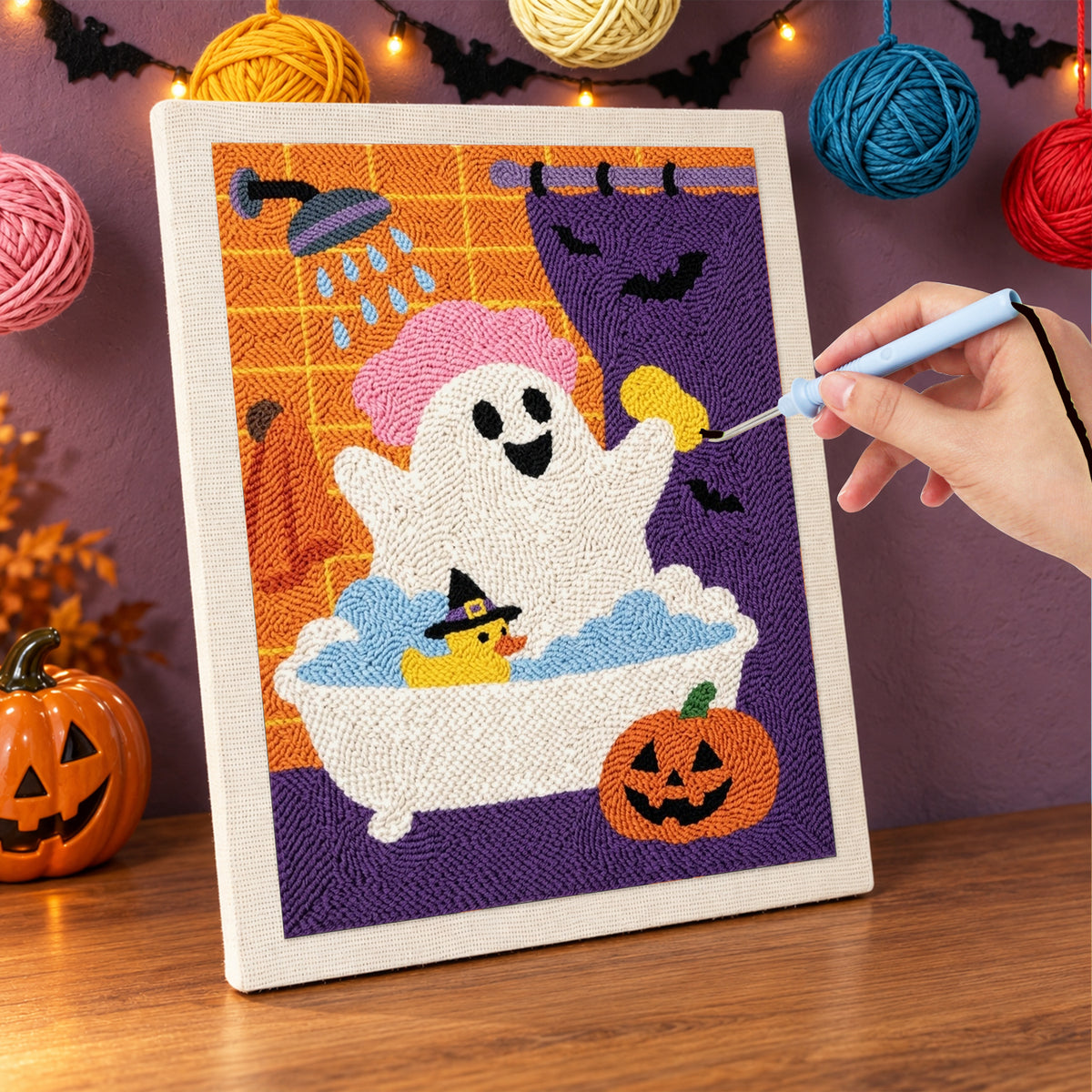 Punching the Ghost in the Shower design with the punch needle