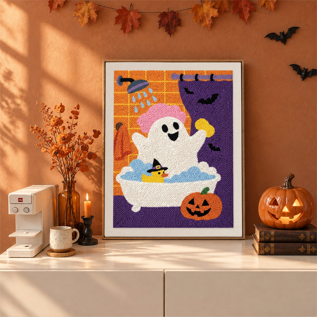 Finished Ghost in the Shower punch needle canvas on a wall