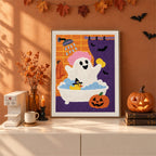 Finished Ghost in the Shower punch needle canvas on a wall