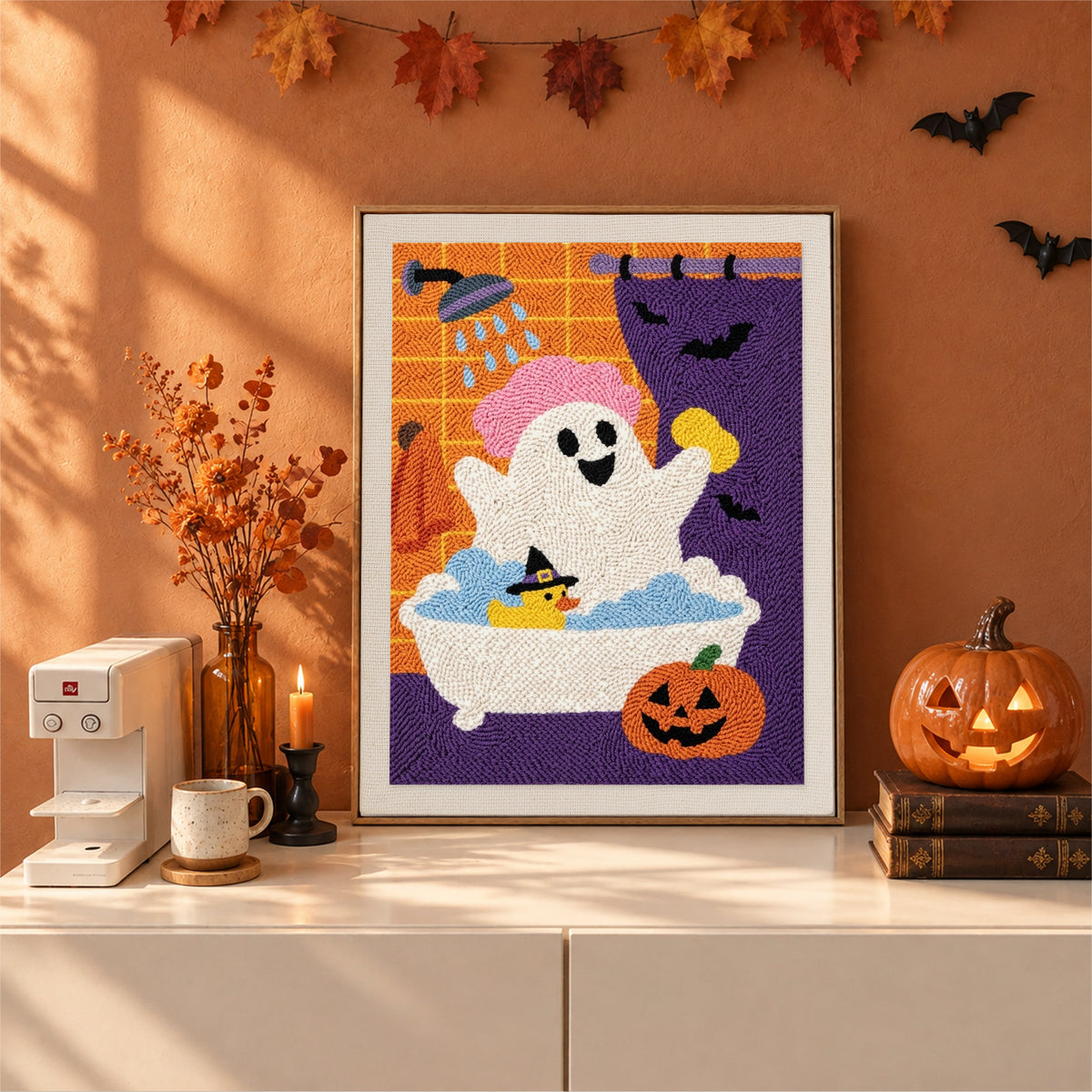 Finished Ghost in the Shower punch needle canvas on a wall