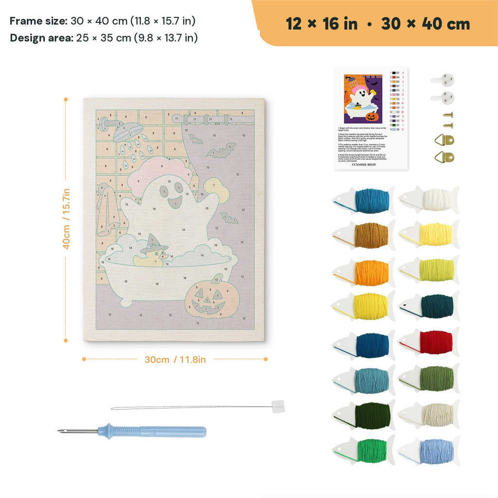 Ghost in the Shower punch needle kit, 12 × 16 in (30 × 40 cm): canvas size and kit contents