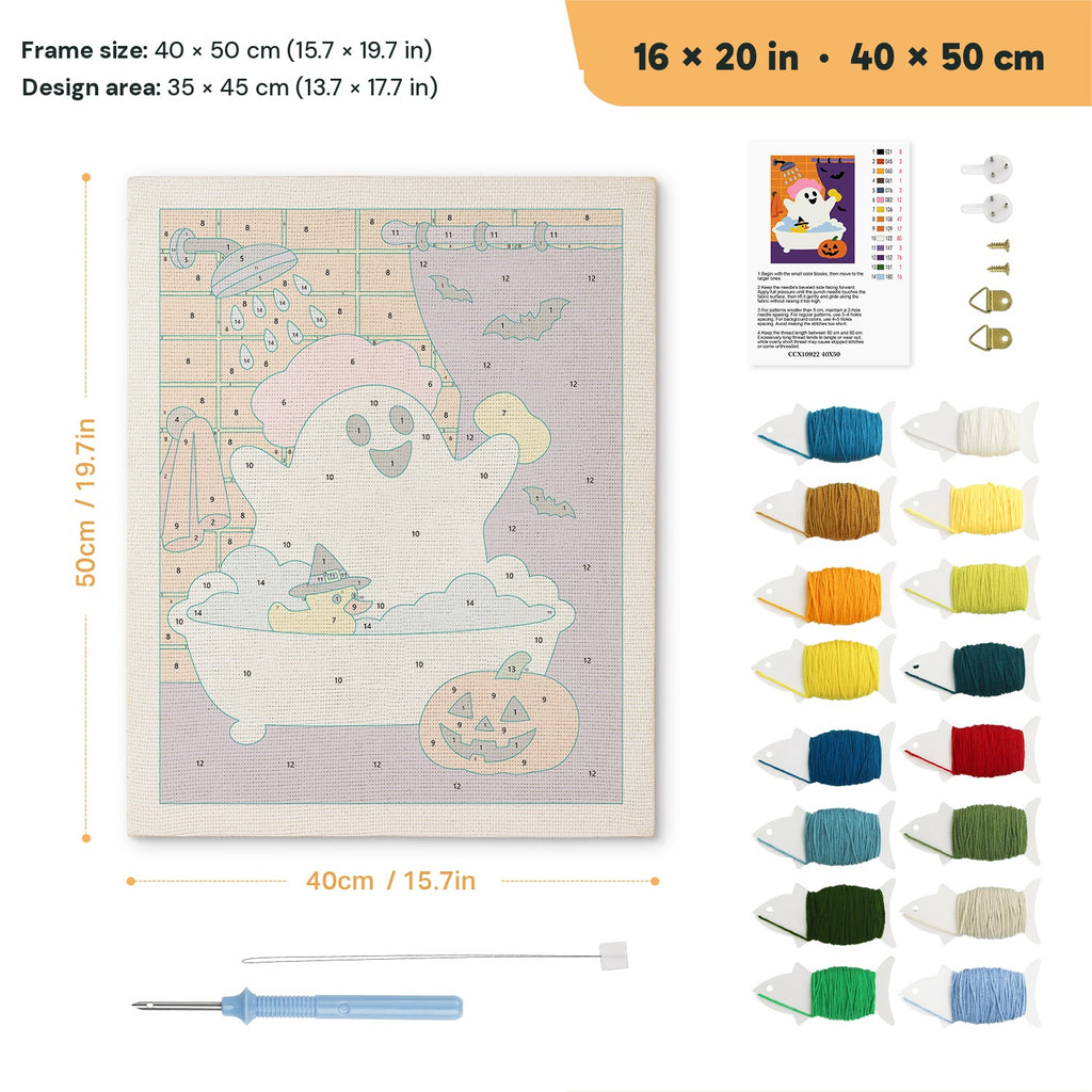 Ghost in the Shower punch needle kit, 16 × 20 in (40 × 50 cm): canvas size and kit contents