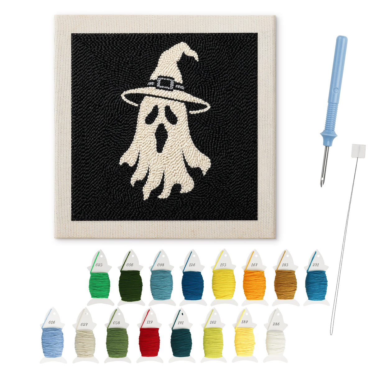 Ghost in White punch needle kit: finished canvas with threads, punch needle and threader