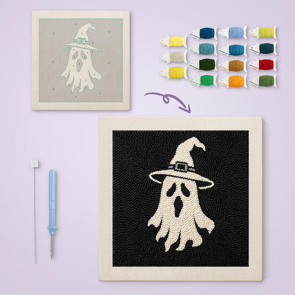 Ghost in White canvas before and after punching, with the threads and tools