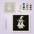 Ghost in White canvas before and after punching, with the threads and tools