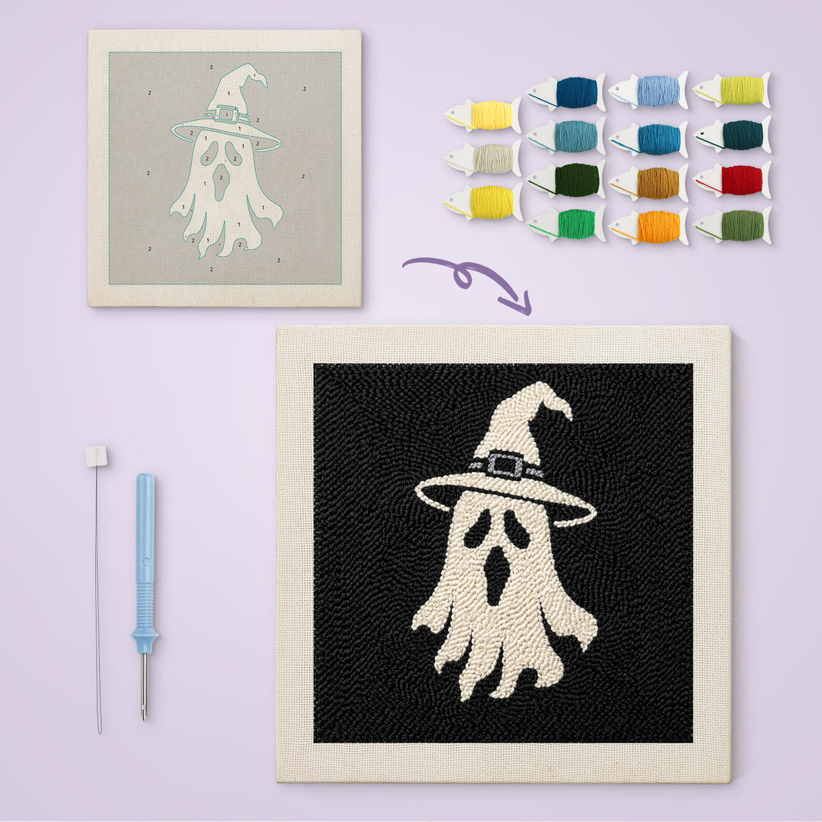Ghost in White canvas before and after punching, with the threads and tools