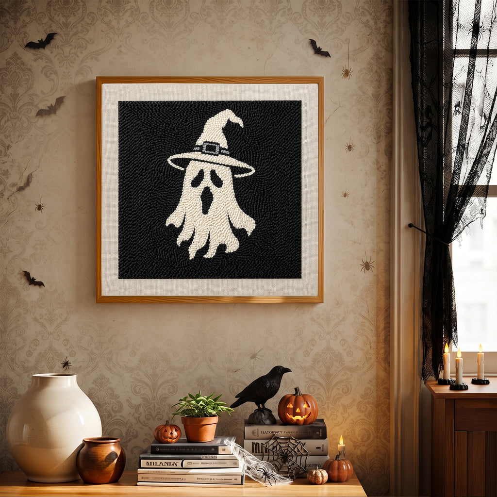 Finished Ghost in White punch needle canvas on a wall