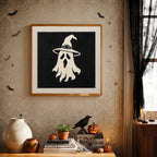 Finished Ghost in White punch needle canvas on a wall