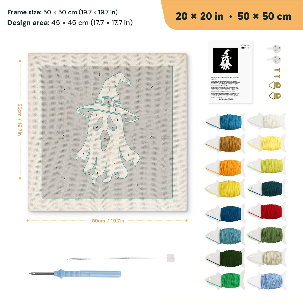 Ghost in White punch needle kit, 20 × 20 in (50 × 50 cm): canvas size and kit contents