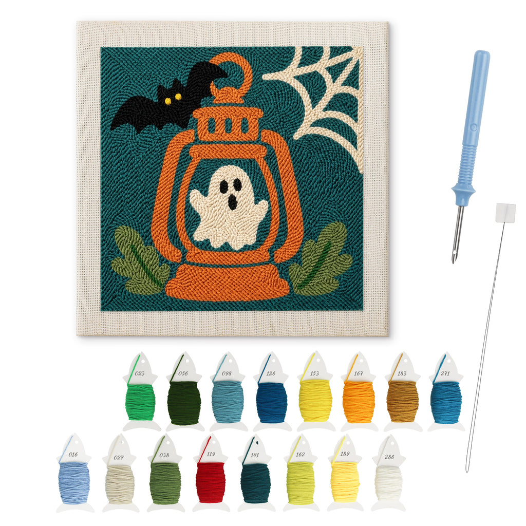 Ghost Lantern punch needle kit: finished canvas with threads, punch needle and threader
