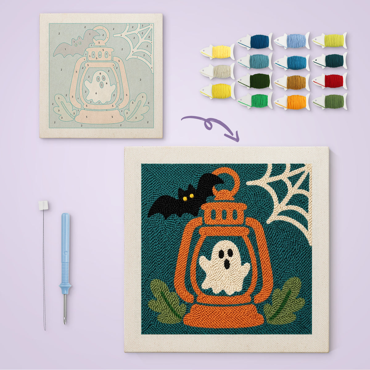 Ghost Lantern canvas before and after punching, with the threads and tools