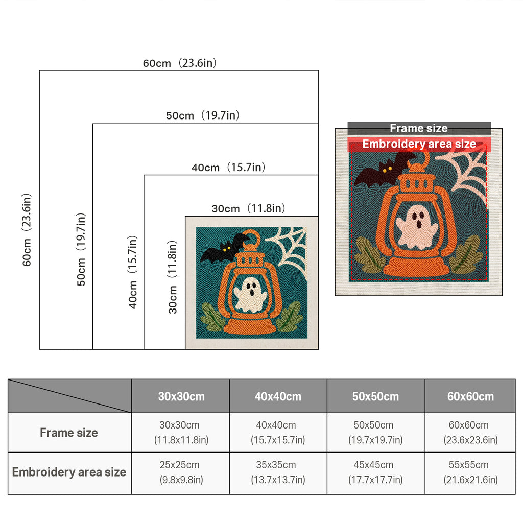 Size chart for square punch needle kits from 30 x 30 cm to 60 x 60 cm