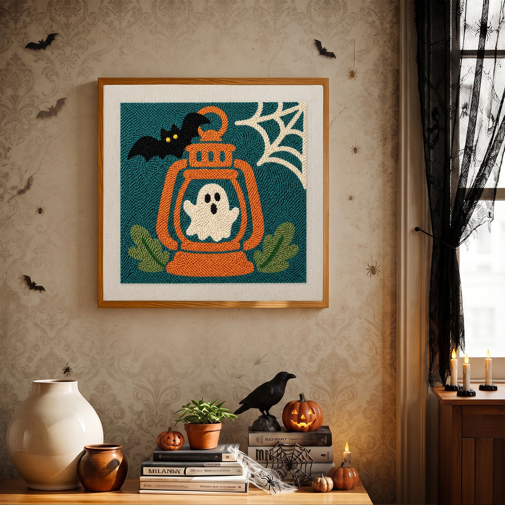 Finished Ghost Lantern punch needle canvas on a wall