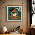 Finished Ghost Lantern punch needle canvas on a wall