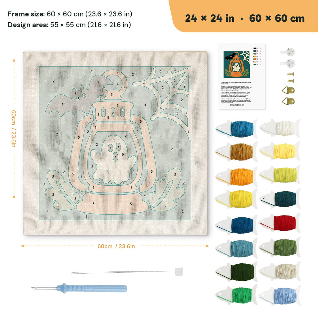 Ghost Lantern punch needle kit, 24 × 24 in (60 × 60 cm): canvas size and kit contents