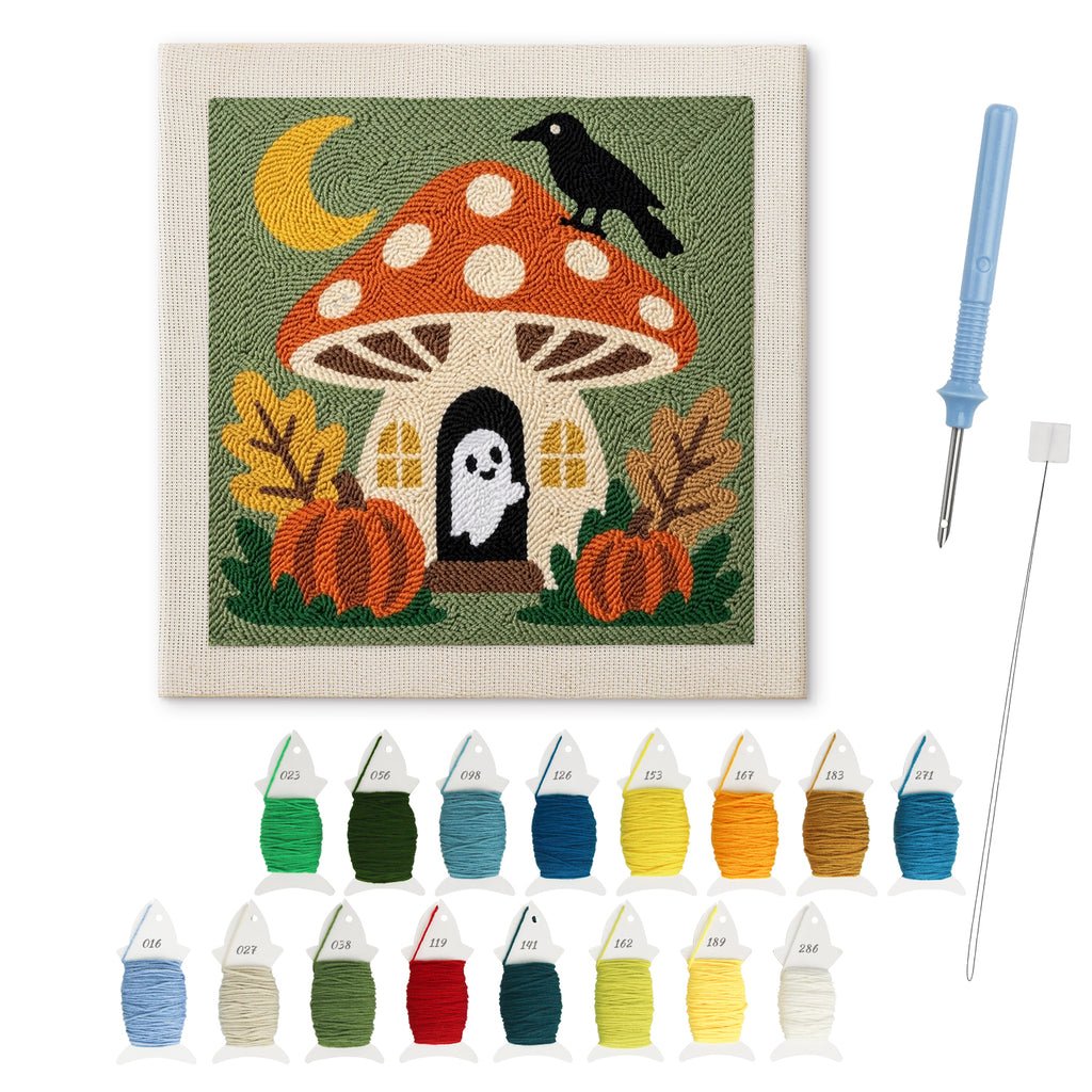 Ghost Mushroom Cottage punch needle kit: finished canvas with threads, punch needle and threader