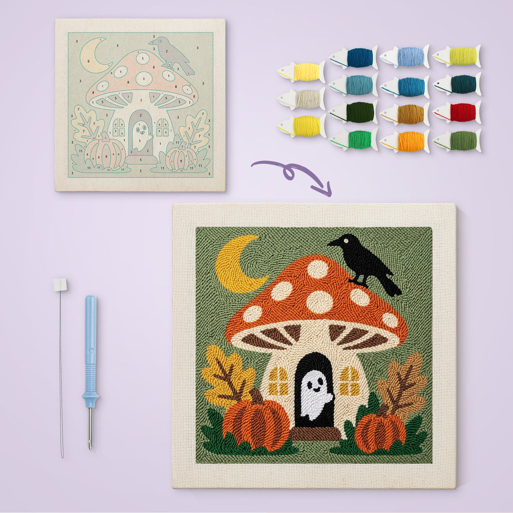 Ghost Mushroom Cottage canvas before and after punching, with the threads and tools