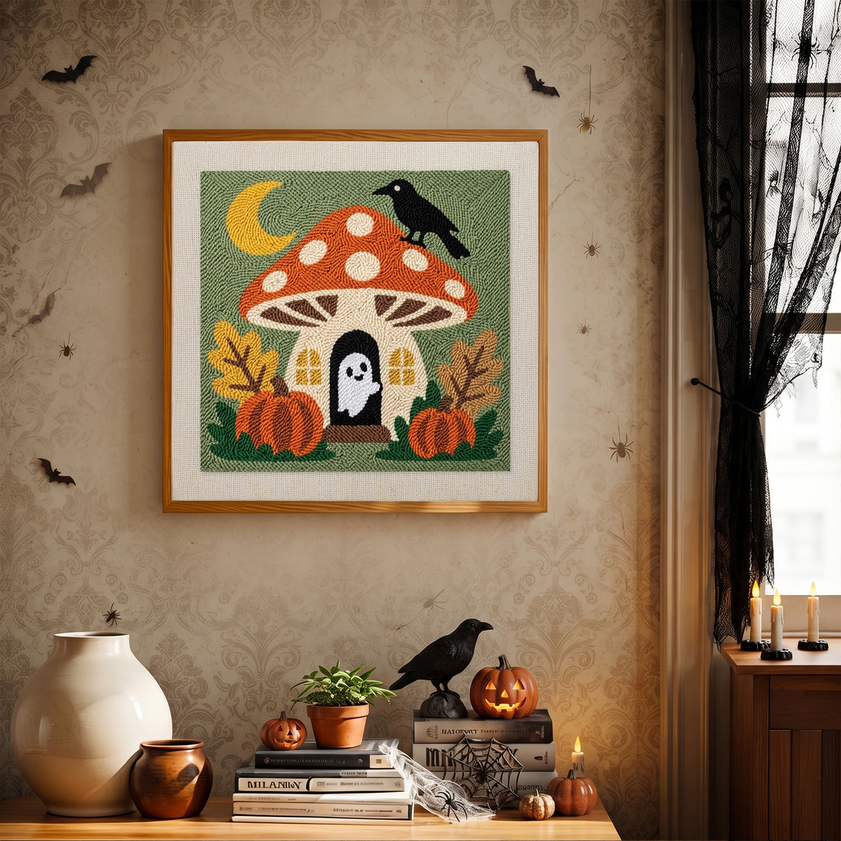 Finished Ghost Mushroom Cottage punch needle canvas on a wall