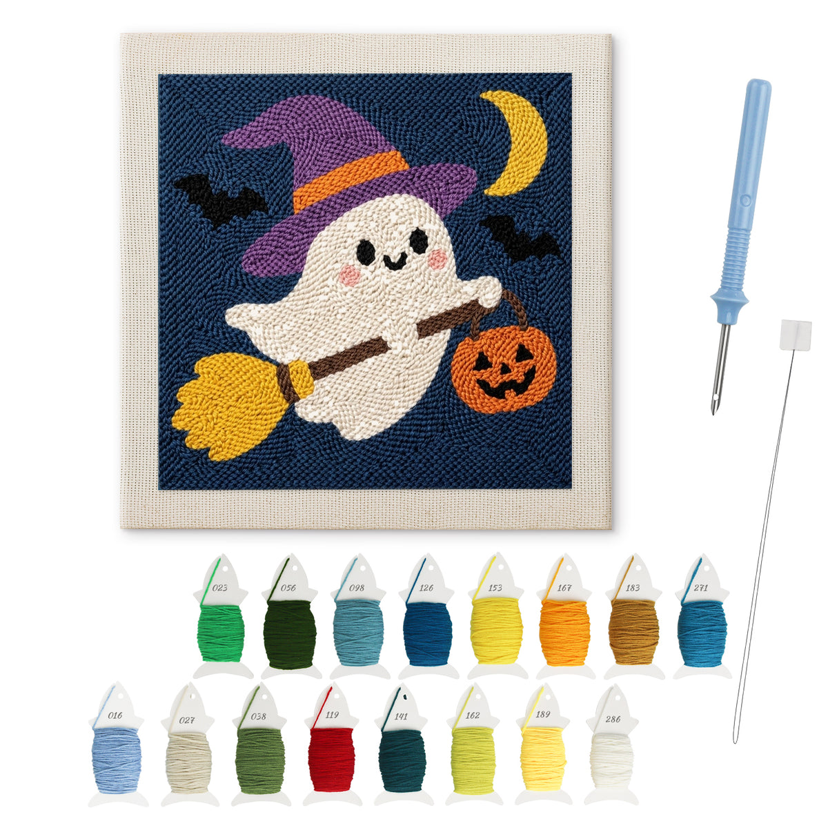 Ghost on a Broom punch needle kit: finished canvas with threads, punch needle and threader